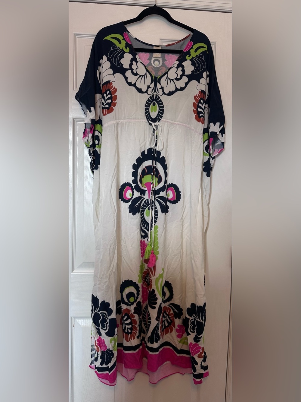 Floral Tie-Front White Kaftan Style Dress with Navy, Pink & Lime Accents